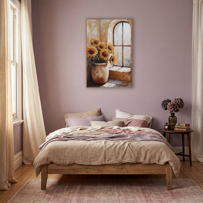 Sunflowers in Clay Pot Boho wall art in a warm boho-style room – six golden sunflowers in a rust-marked clay pot