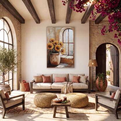 Sunflowers in Clay Pot Boho wall art in a warm boho-style room – six golden sunflowers in a rust-marked clay pot