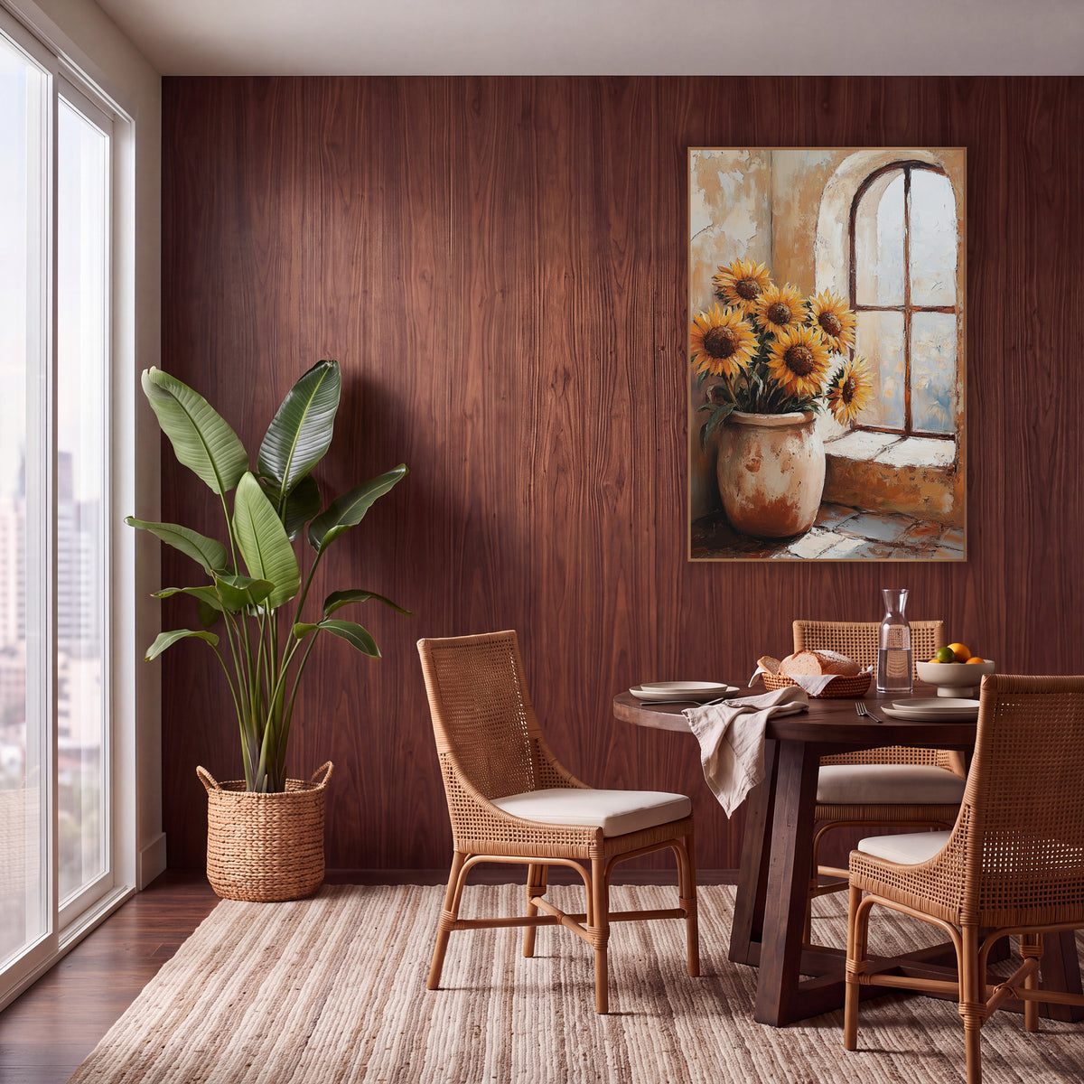 Sunflowers in Clay Pot Boho wall art in a warm boho-style room – six golden sunflowers in a rust-marked clay pot