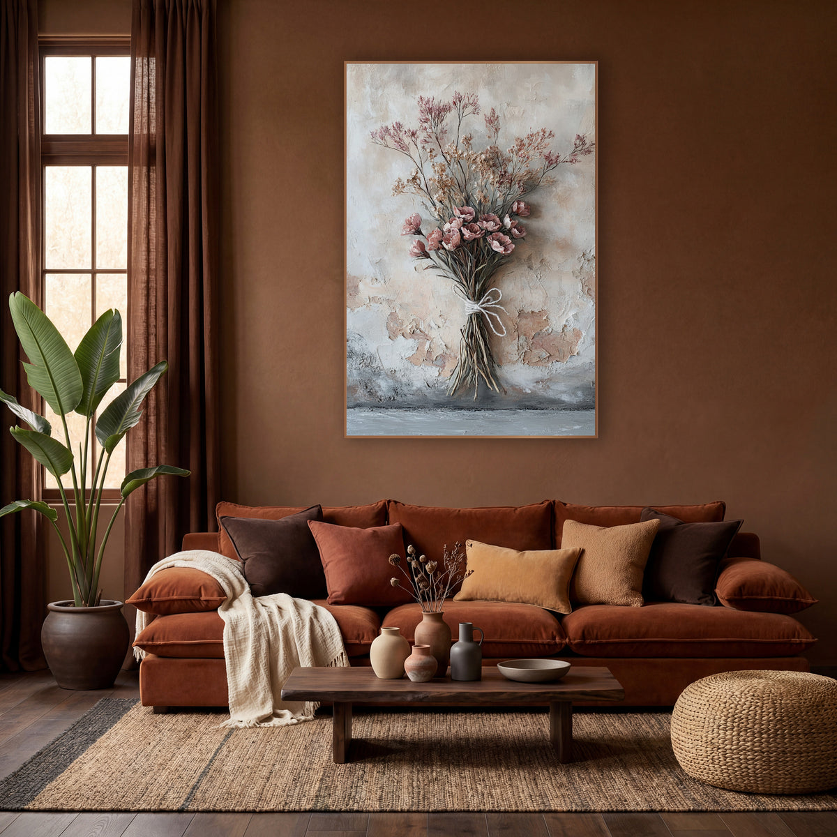 Dried Pink Bouquet Boho wall art in a warm boho-style room – dried flower bouquet with dusty rose blooms tied