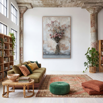 Dried Pink Bouquet Boho wall art in a warm boho-style room – dried flower bouquet with dusty rose blooms tied