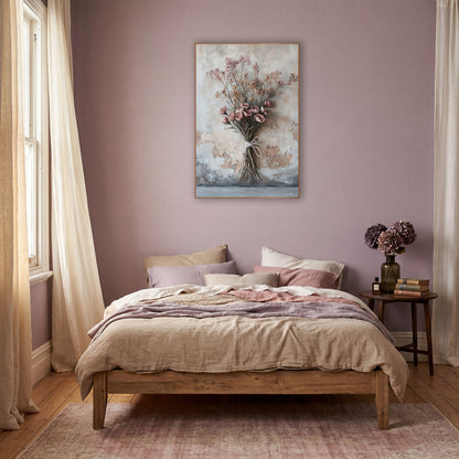 Dried Pink Bouquet Boho wall art in a warm boho-style room – dried flower bouquet with dusty rose blooms tied