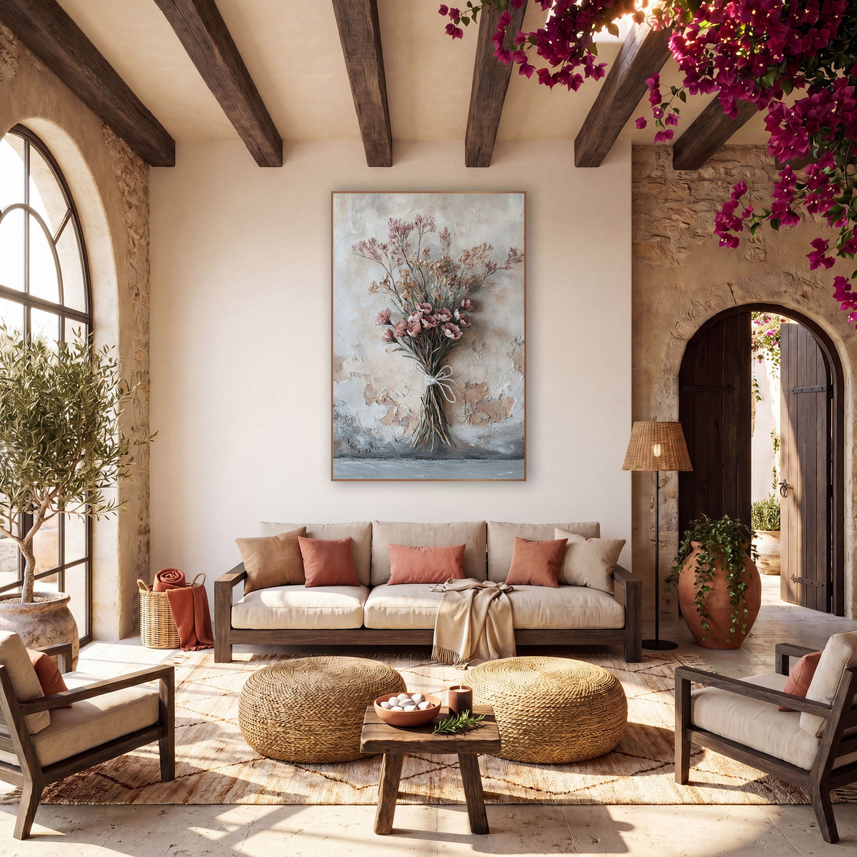 Dried Pink Bouquet Boho wall art in a warm boho-style room – dried flower bouquet with dusty rose blooms tied