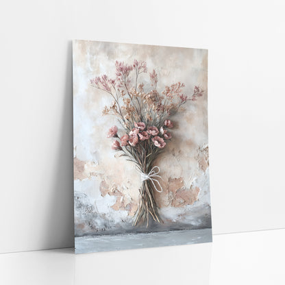 Dried Pink Bouquet Boho art print leaning against a white wall – dried flower bouquet with dusty rose blooms tied with white