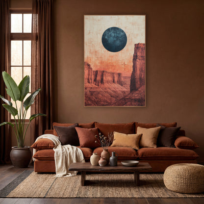 Blue Moon Red Mesa Desert wall art in a warm boho-style room – large dark blue moon above layered red rock mesas