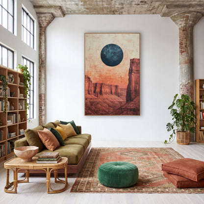 Blue Moon Red Mesa Desert wall art in a warm boho-style room – large dark blue moon above layered red rock mesas