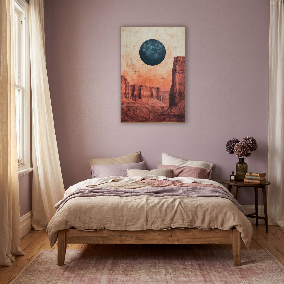 Blue Moon Red Mesa Desert wall art in a warm boho-style room – large dark blue moon above layered red rock mesas
