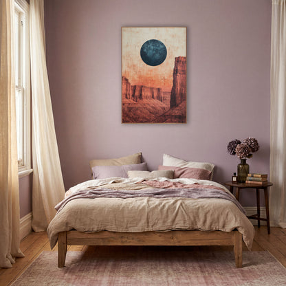 Blue Moon Red Mesa Desert wall art in a warm boho-style room – large dark blue moon above layered red rock mesas