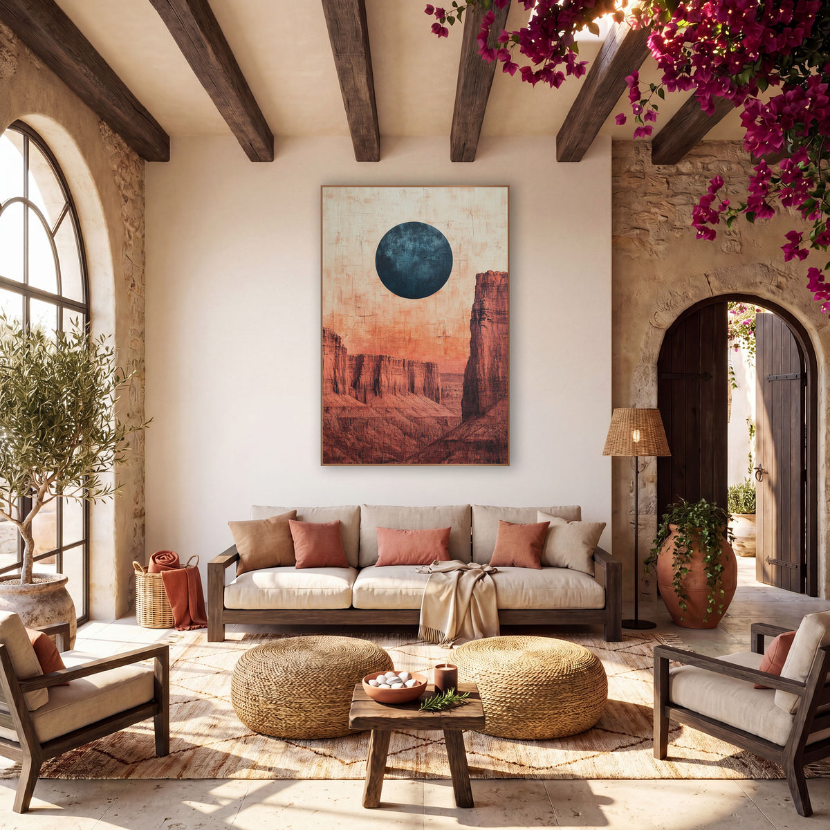 Blue Moon Red Mesa Desert wall art in a warm boho-style room – large dark blue moon above layered red rock mesas