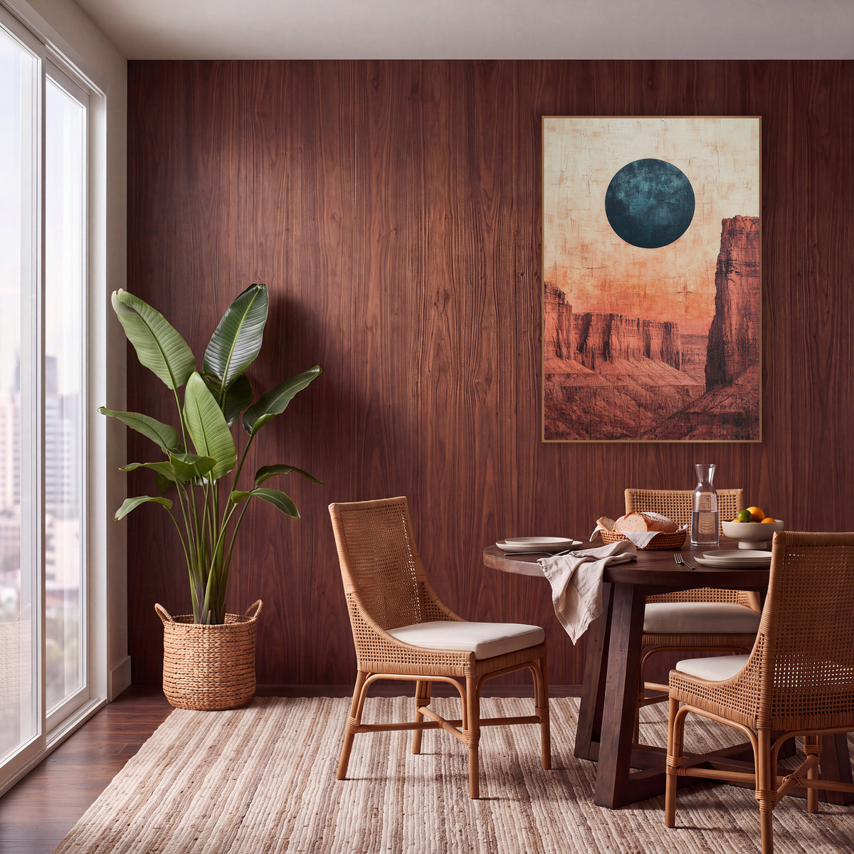 Blue Moon Red Mesa Desert wall art in a warm boho-style room – large dark blue moon above layered red rock mesas