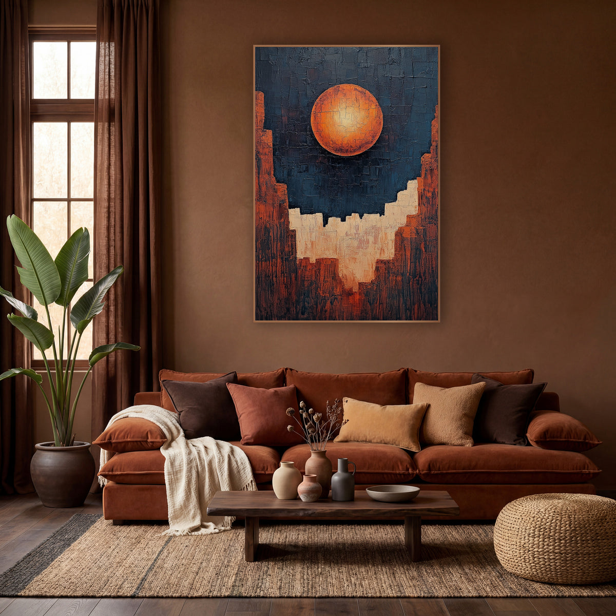 Glowing Orange Orb Canyon Abstract wall art in a warm boho-style room – abstract artwork of a glowing orange orb