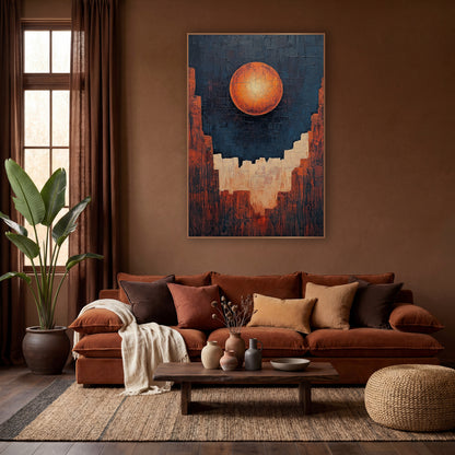 Glowing Orange Orb Canyon Abstract wall art in a warm boho-style room – abstract artwork of a glowing orange orb
