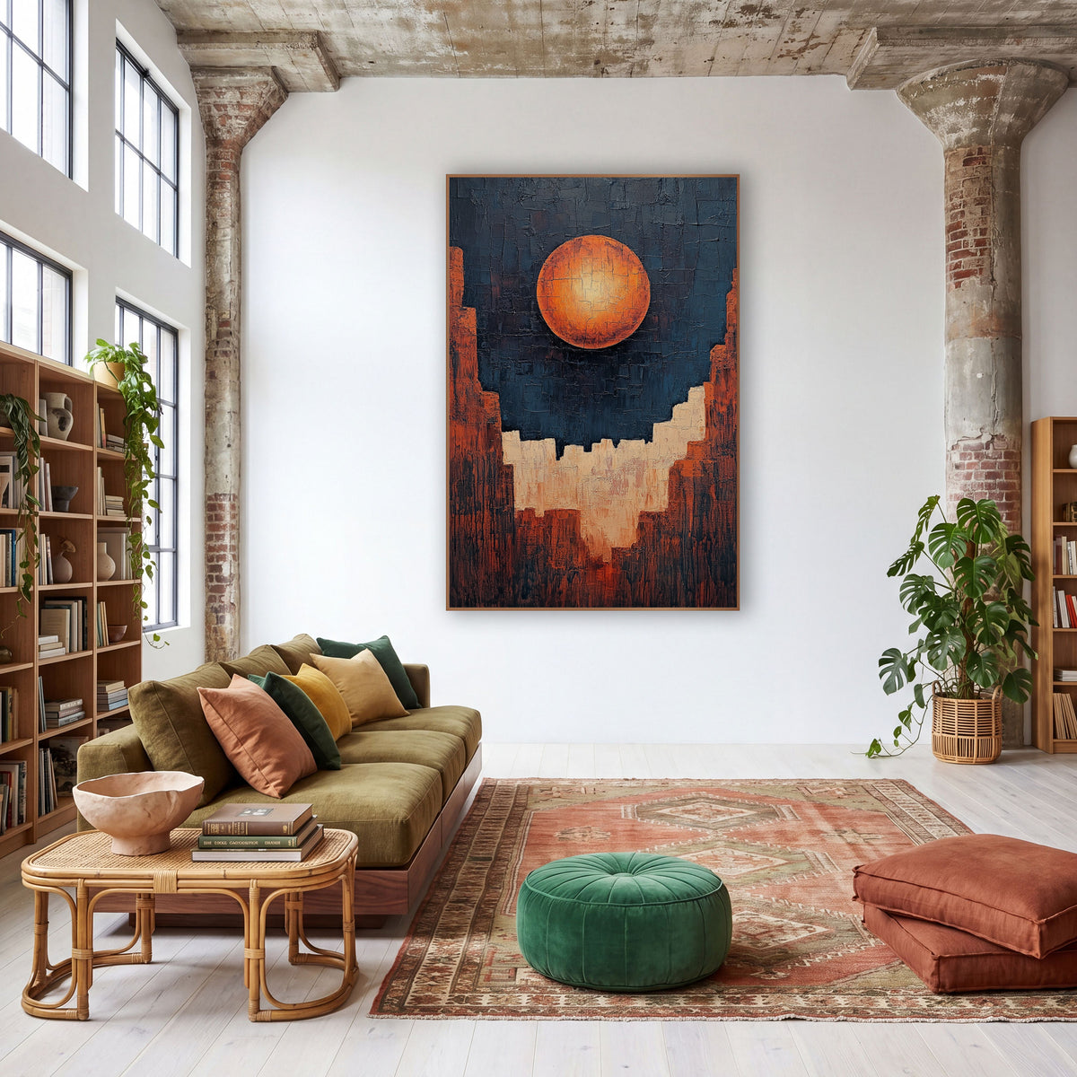 Glowing Orange Orb Canyon Abstract wall art in a warm boho-style room – abstract artwork of a glowing orange orb