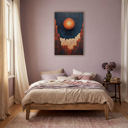 Glowing Orange Orb Canyon Abstract wall art in a warm boho-style room – abstract artwork of a glowing orange orb