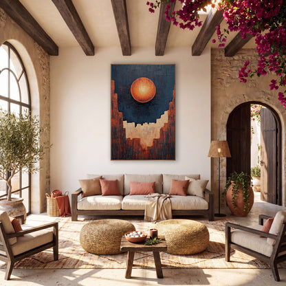 Glowing Orange Orb Canyon Abstract wall art in a warm boho-style room – abstract artwork of a glowing orange orb