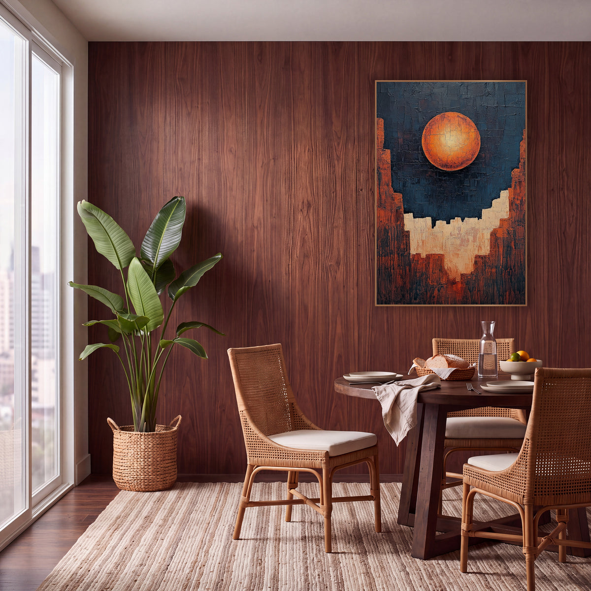 Glowing Orange Orb Canyon Abstract wall art in a warm boho-style room – abstract artwork of a glowing orange orb