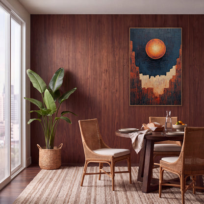 Glowing Orange Orb Canyon Abstract wall art in a warm boho-style room – abstract artwork of a glowing orange orb