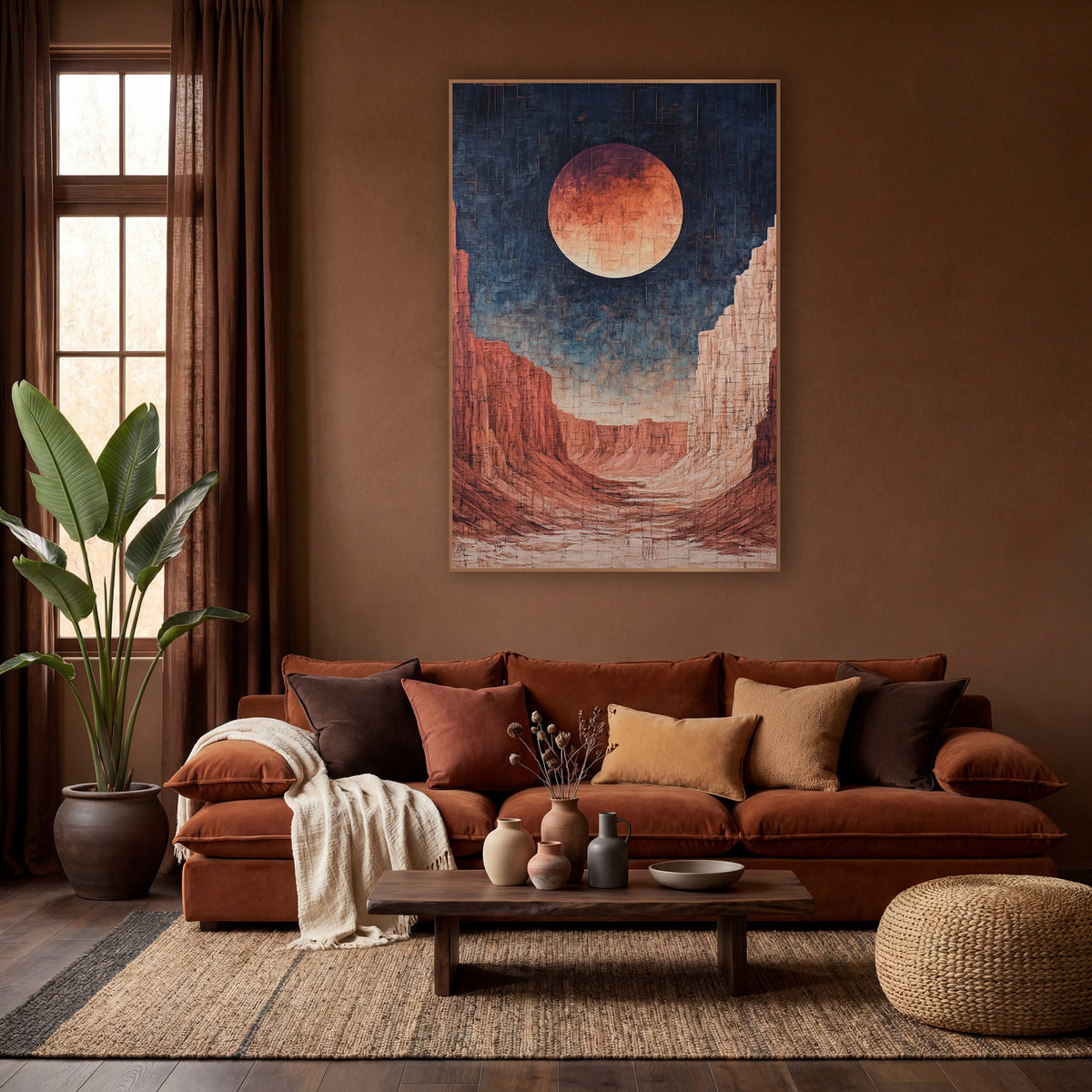 Red Moon Canyon Desert Mystical wall art in a warm boho-style room – large copper moon in a navy sky above red rock