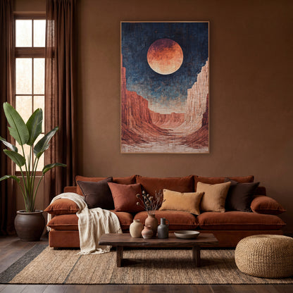 Red Moon Canyon Desert Mystical wall art in a warm boho-style room – large copper moon in a navy sky above red rock