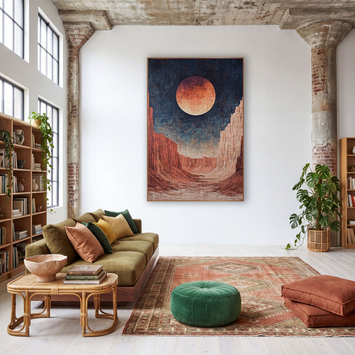 Red Moon Canyon Desert Mystical wall art in a warm boho-style room – large copper moon in a navy sky above red rock