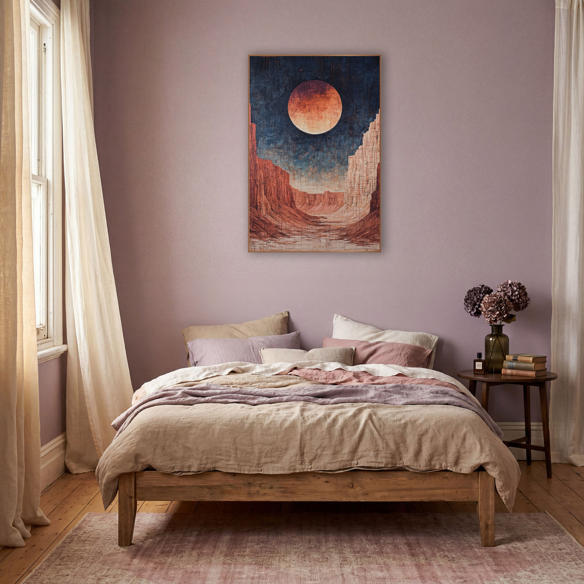 Red Moon Canyon Desert Mystical wall art in a warm boho-style room – large copper moon in a navy sky above red rock