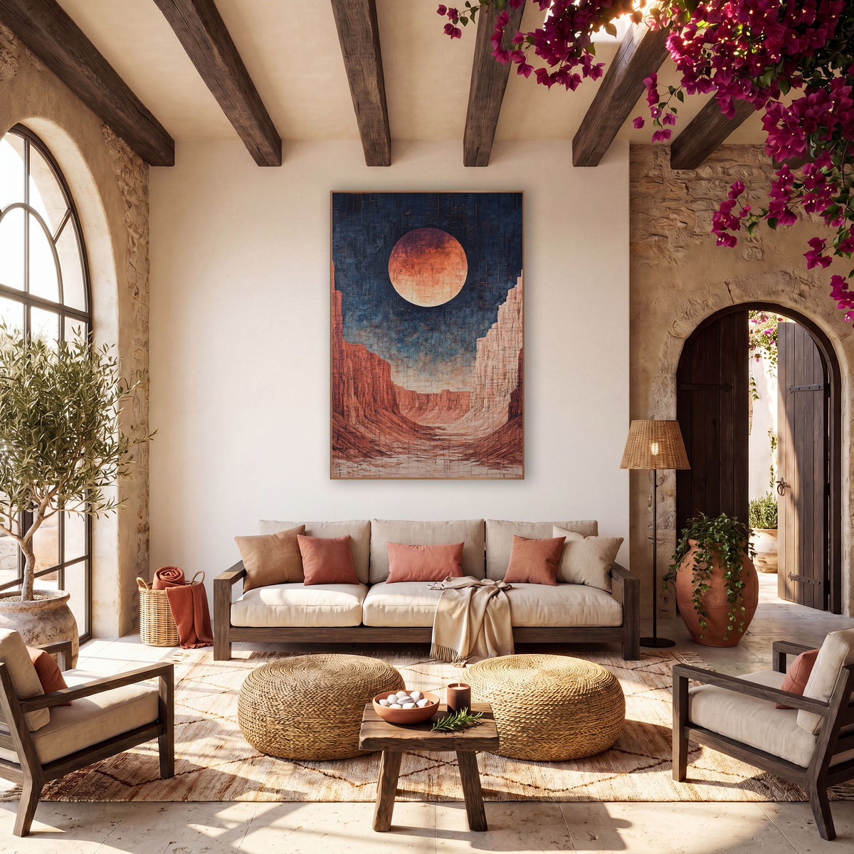Red Moon Canyon Desert Mystical wall art in a warm boho-style room – large copper moon in a navy sky above red rock