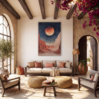Red Moon Canyon Desert Mystical wall art in a warm boho-style room – large copper moon in a navy sky above red rock