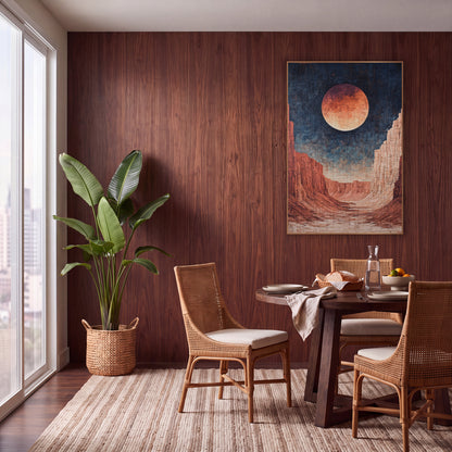 Red Moon Canyon Desert Mystical wall art in a warm boho-style room – large copper moon in a navy sky above red rock