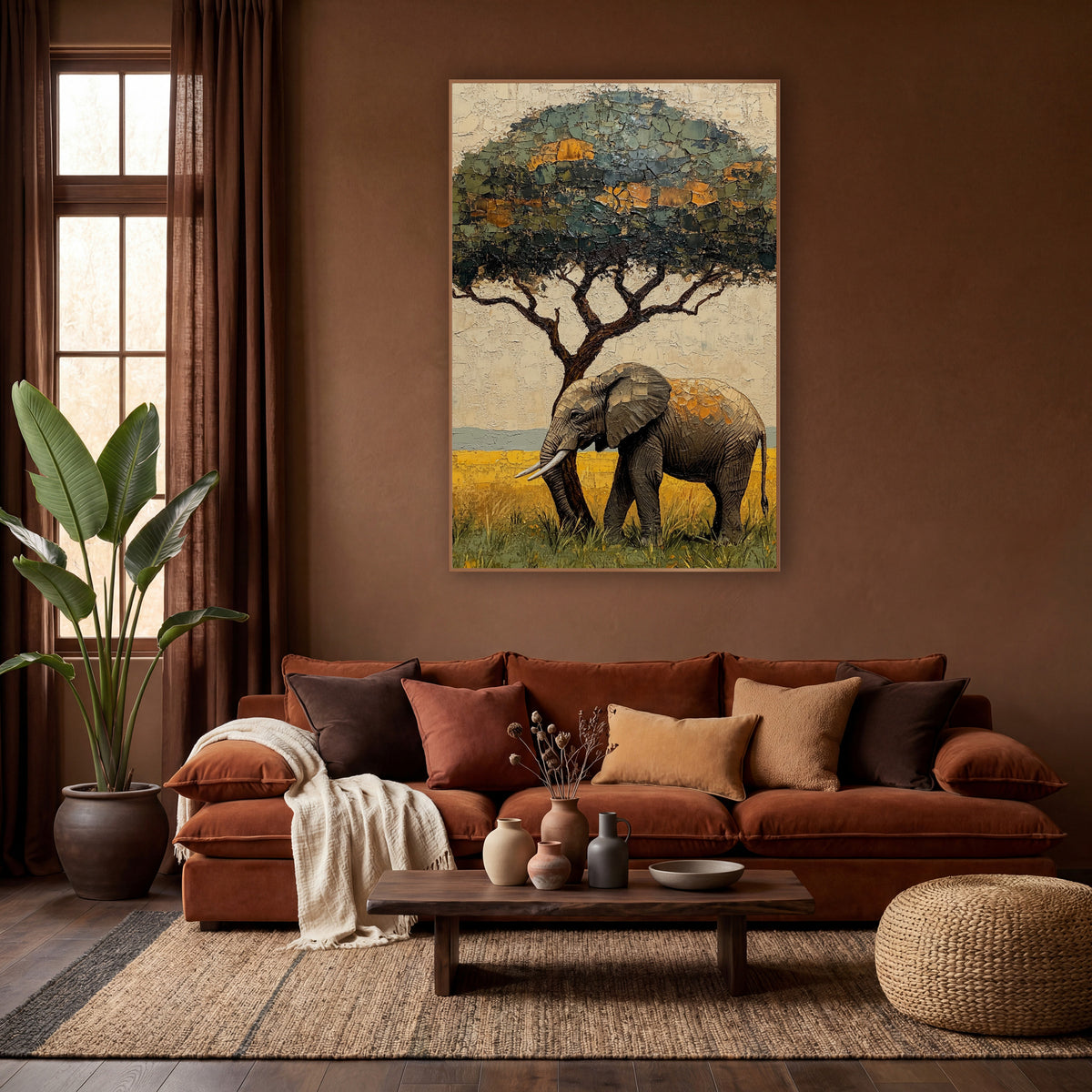 Elephant Under Acacia Tree Boho wall art in a warm boho-style room – gray elephant with pale tusks walking in yellow