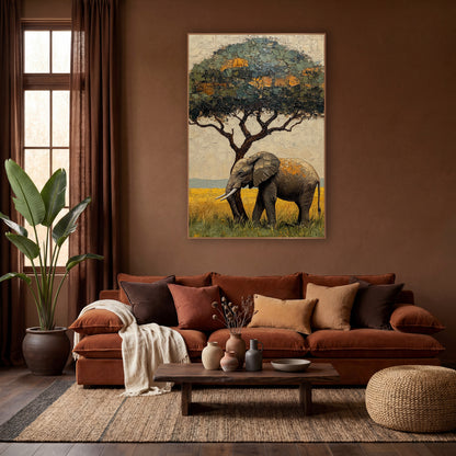 Elephant Under Acacia Tree Boho wall art in a warm boho-style room – gray elephant with pale tusks walking in yellow