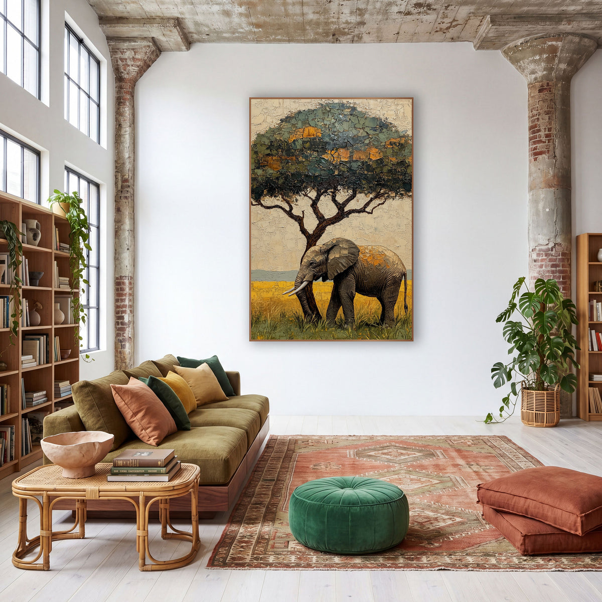 Elephant Under Acacia Tree Boho wall art in a warm boho-style room – gray elephant with pale tusks walking in yellow