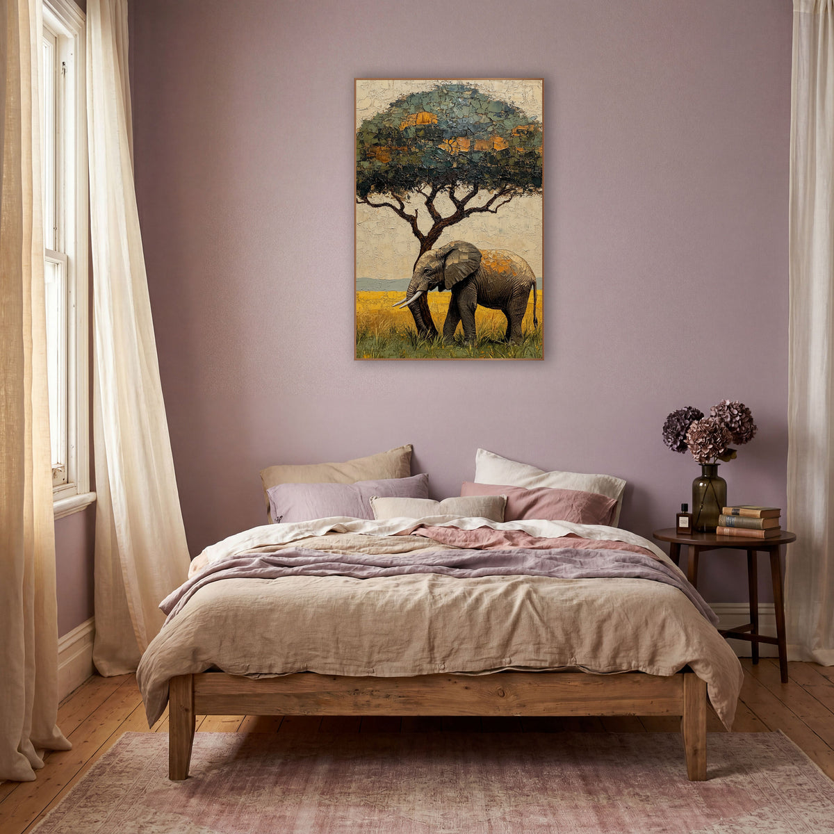 Elephant Under Acacia Tree Boho wall art in a warm boho-style room – gray elephant with pale tusks walking in yellow