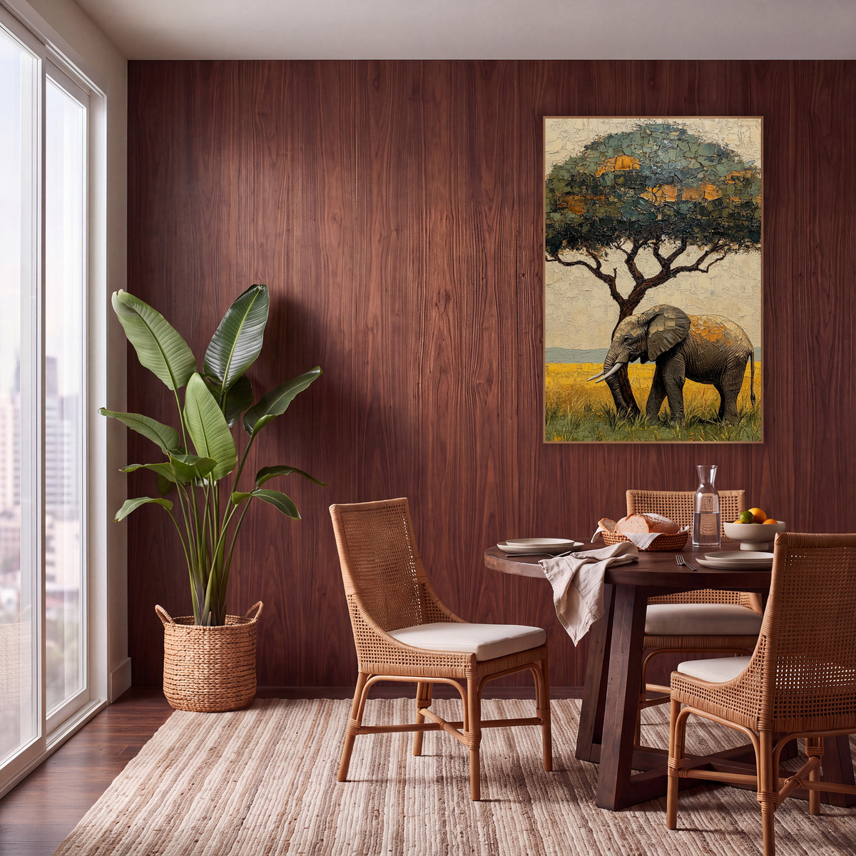 Elephant Under Acacia Tree Boho wall art in a warm boho-style room – gray elephant with pale tusks walking in yellow