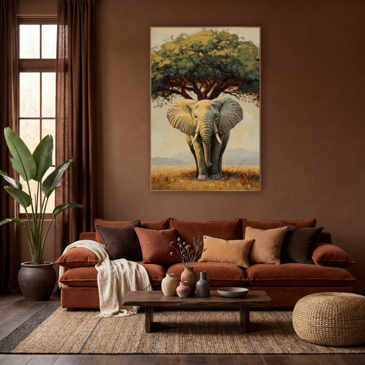 Savanna Elephant Under Tree Boho wall art in a warm boho-style room – elephant with pale tusks standing under a wide
