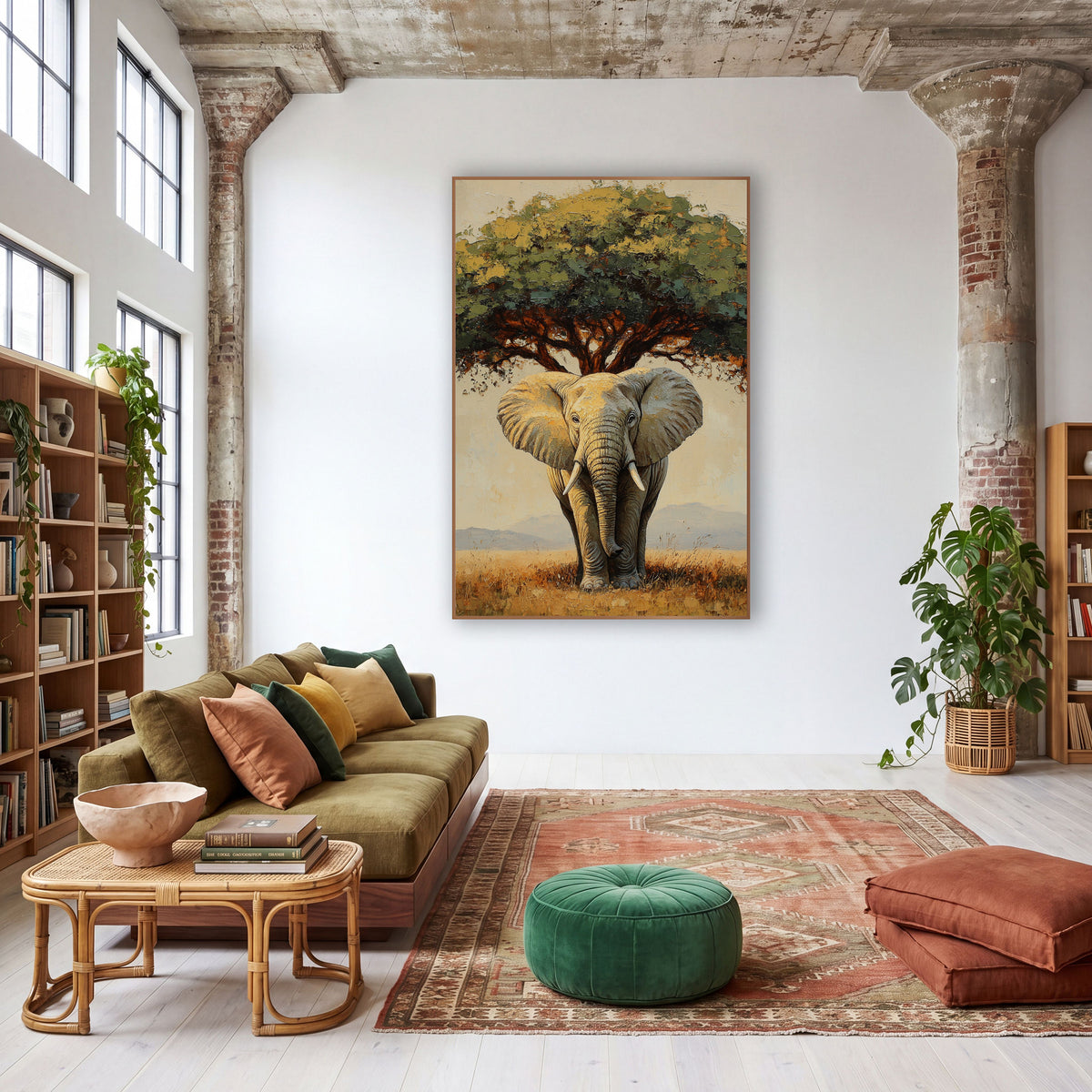 Savanna Elephant Under Tree Boho wall art in a warm boho-style room – elephant with pale tusks standing under a wide