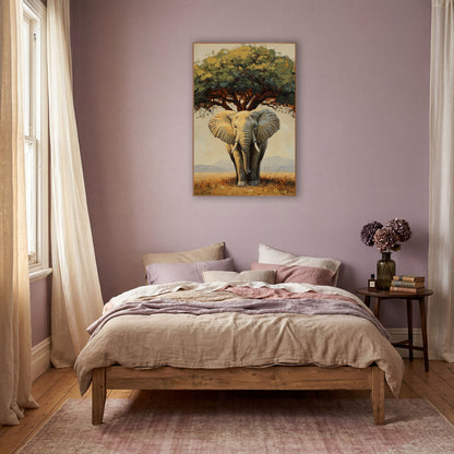 Savanna Elephant Under Tree Boho wall art in a warm boho-style room – elephant with pale tusks standing under a wide