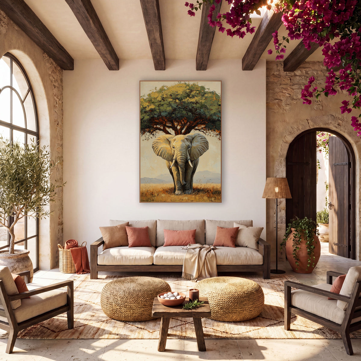 Savanna Elephant Under Tree Boho wall art in a warm boho-style room – elephant with pale tusks standing under a wide