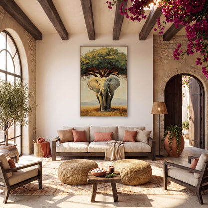 Savanna Elephant Under Tree Boho wall art in a warm boho-style room – elephant with pale tusks standing under a wide