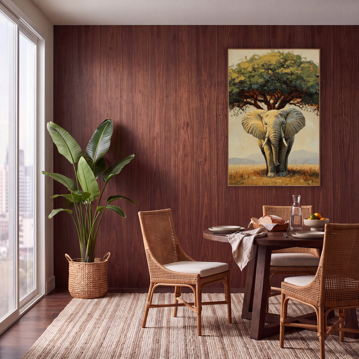 Savanna Elephant Under Tree Boho wall art in a warm boho-style room – elephant with pale tusks standing under a wide