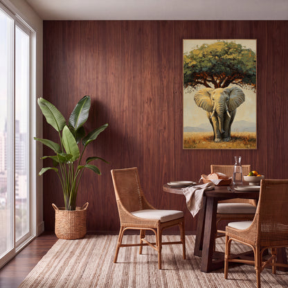 Savanna Elephant Under Tree Boho wall art in a warm boho-style room – elephant with pale tusks standing under a wide