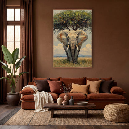 Savanna Elephant Beneath Tree Boho wall art in a warm boho-style room – front-facing elephant with wide ears and pale