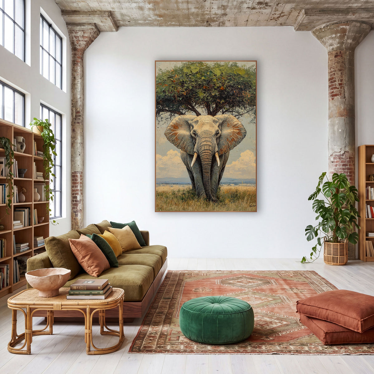 Savanna Elephant Beneath Tree Boho wall art in a warm boho-style room – front-facing elephant with wide ears and pale