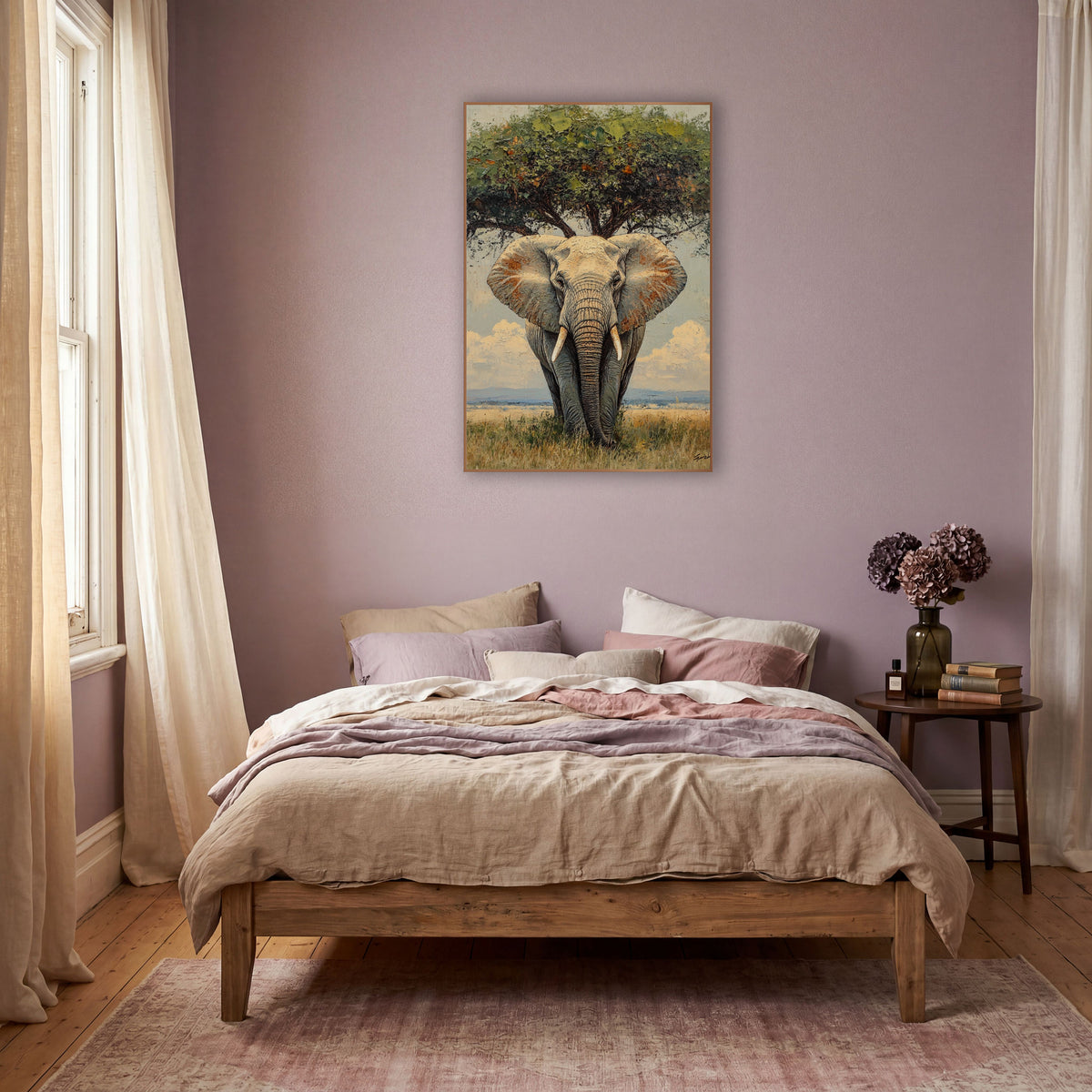 Savanna Elephant Beneath Tree Boho wall art in a warm boho-style room – front-facing elephant with wide ears and pale