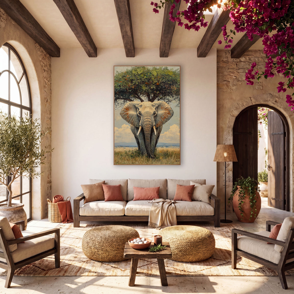 Savanna Elephant Beneath Tree Boho wall art in a warm boho-style room – front-facing elephant with wide ears and pale