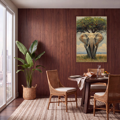 Savanna Elephant Beneath Tree Boho wall art in a warm boho-style room – front-facing elephant with wide ears and pale
