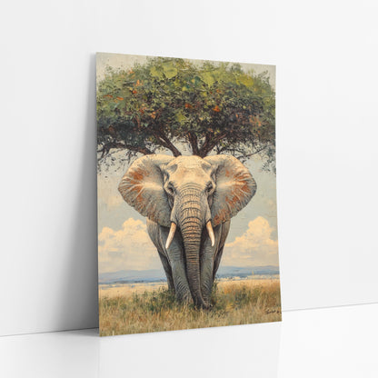 Savanna Elephant Beneath Tree Boho art print leaning against a white wall – front-facing elephant with wide ears and pale