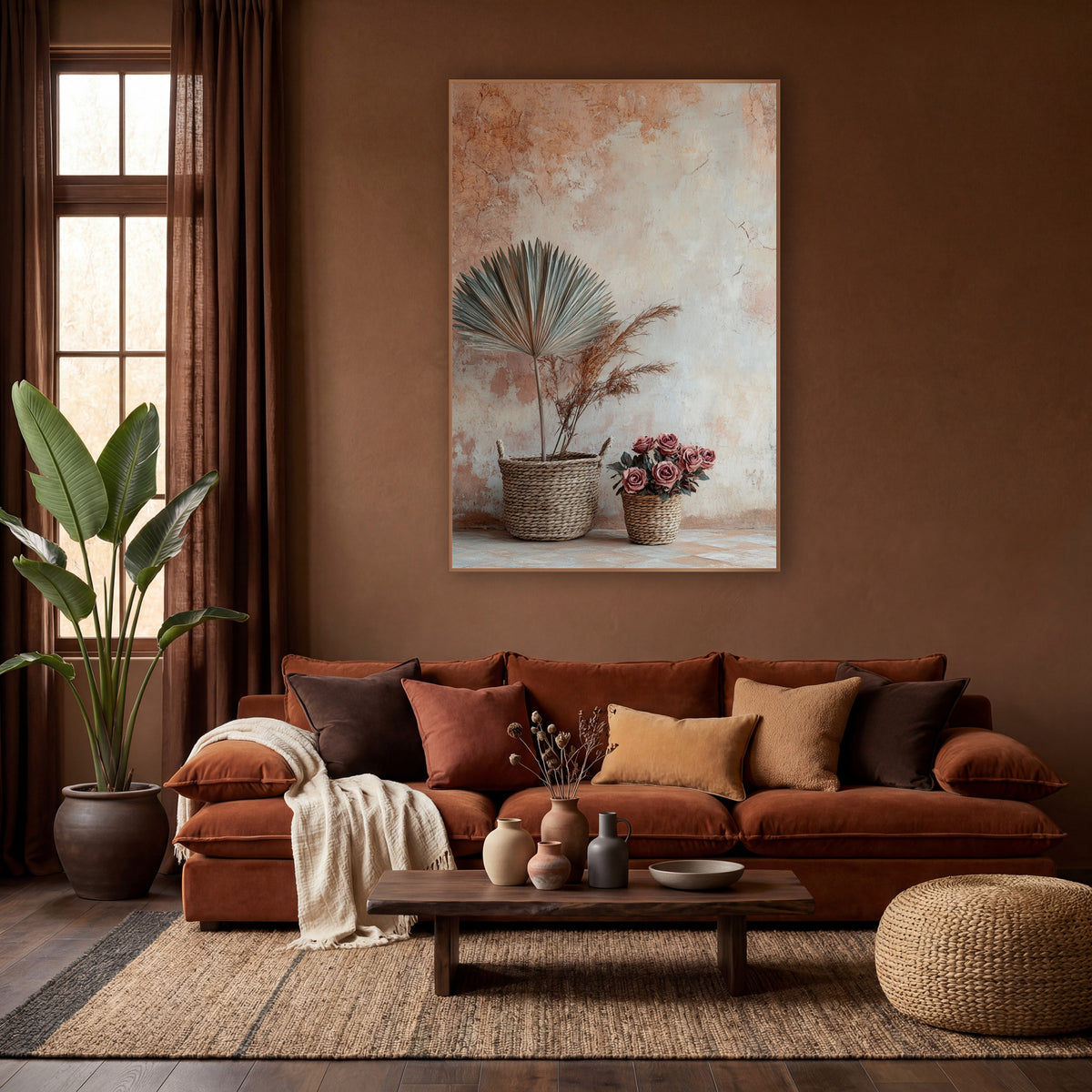 Dried Fan Palm Basket Boho wall art in a warm boho-style room – dried fan palm and grass plumes in a woven basket