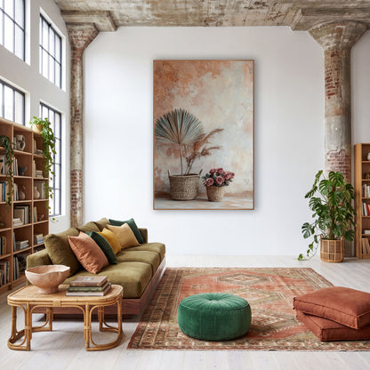 Dried Fan Palm Basket Boho wall art in a warm boho-style room – dried fan palm and grass plumes in a woven basket