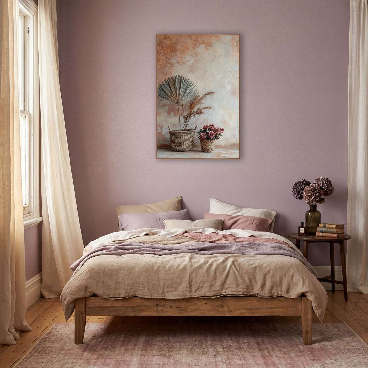 Dried Fan Palm Basket Boho wall art in a warm boho-style room – dried fan palm and grass plumes in a woven basket