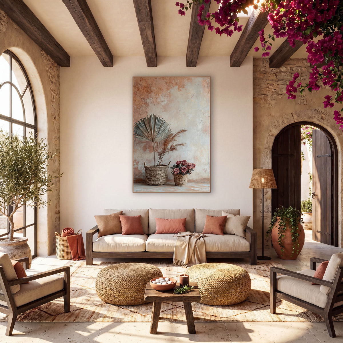 Dried Fan Palm Basket Boho wall art in a warm boho-style room – dried fan palm and grass plumes in a woven basket